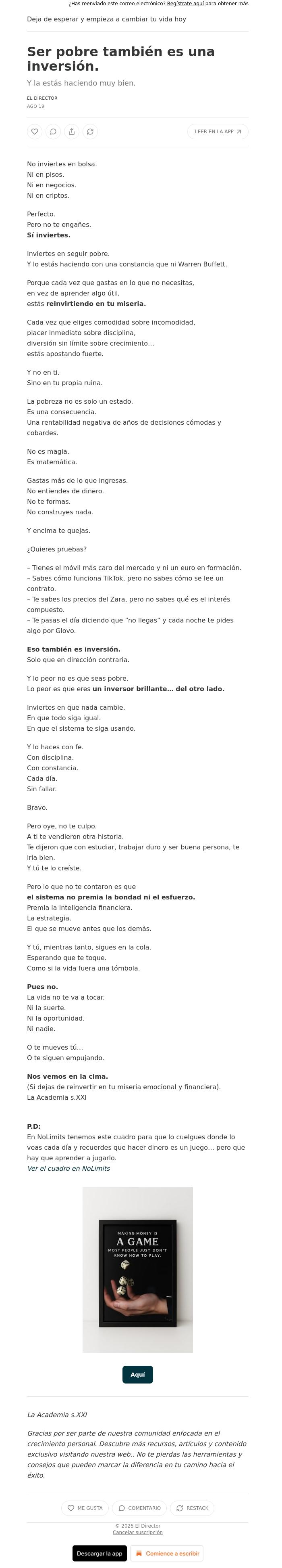 Email Design Inspiration from El Director, Ser pobre tambi&eacute;n es una inversi&oacute;n.