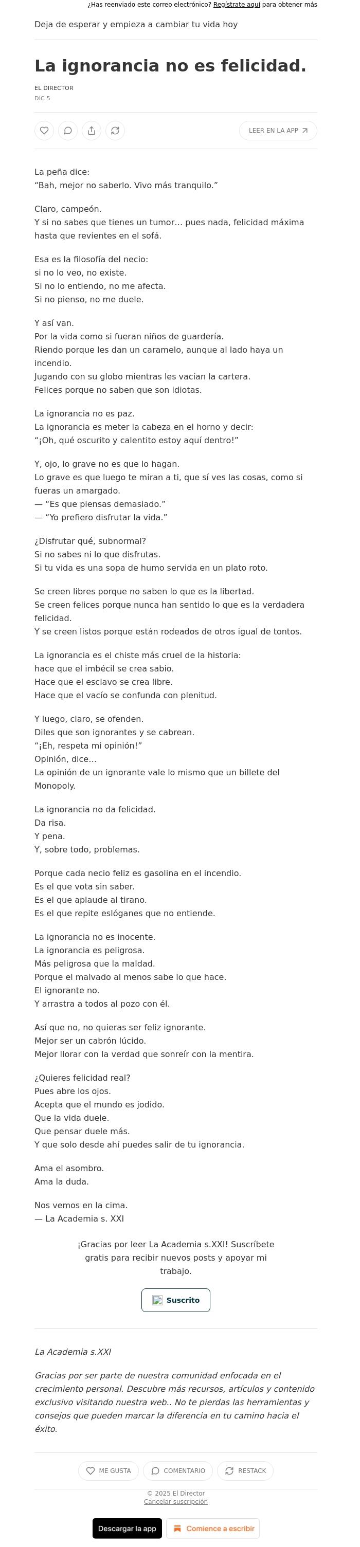 Email Design Inspiration from El Director, La ignorancia no es felicidad.