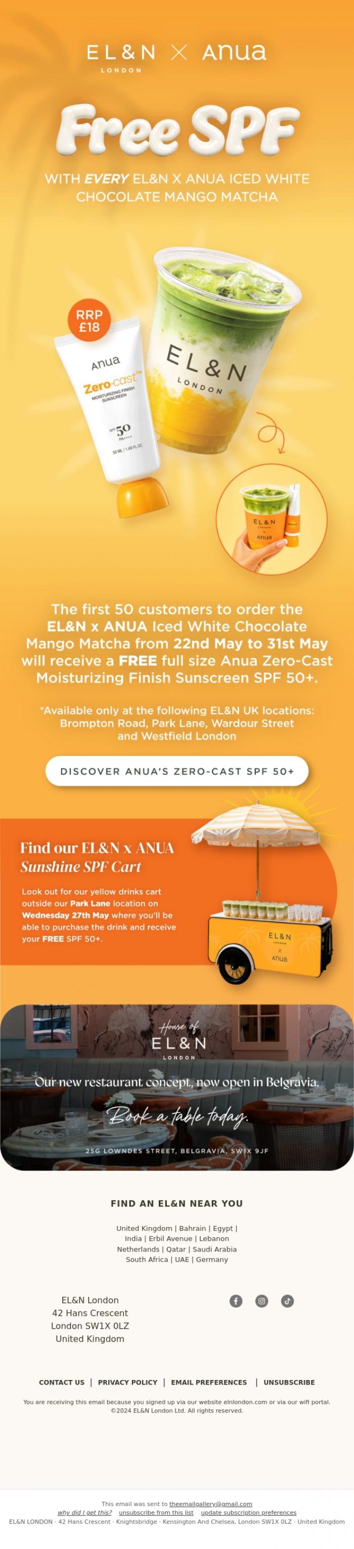 Email Design Inspiration from EL&N, Grab a free ANUA SPF at selected EL&N UK stores 🧴