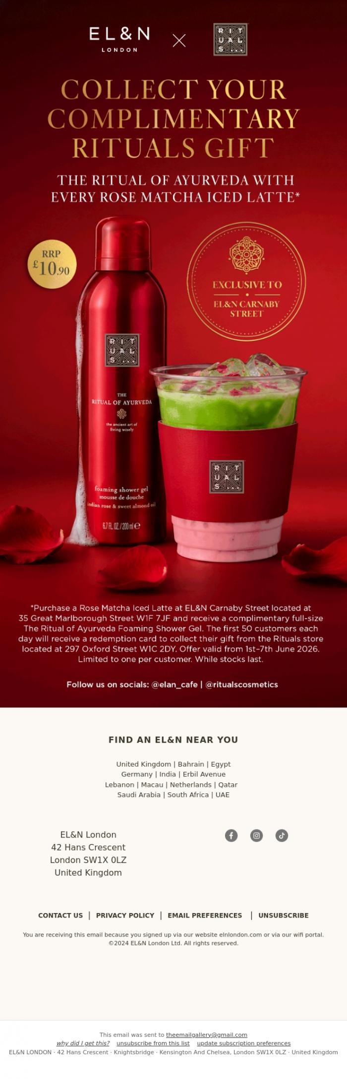 Email Design Inspiration from EL&N, An Iced Rose Matcha Latte with a Rituals gift on us 🌹