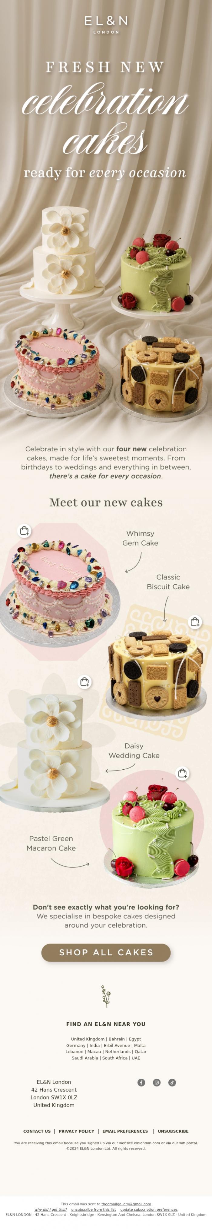 Email Design Inspiration from EL&N, A celebration cake for every occasion