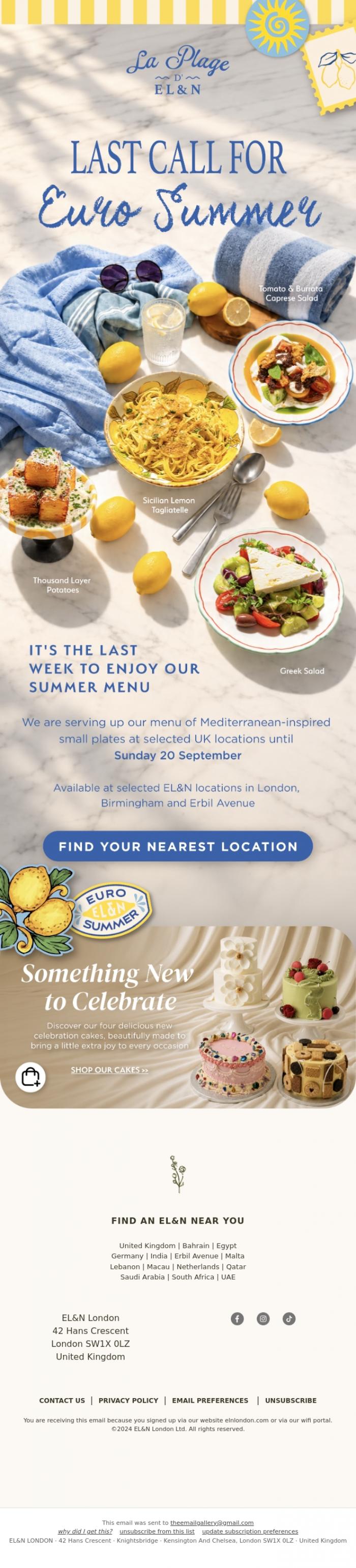 Email Design Inspiration from EL&N, Euro Summer is almost over 🍝