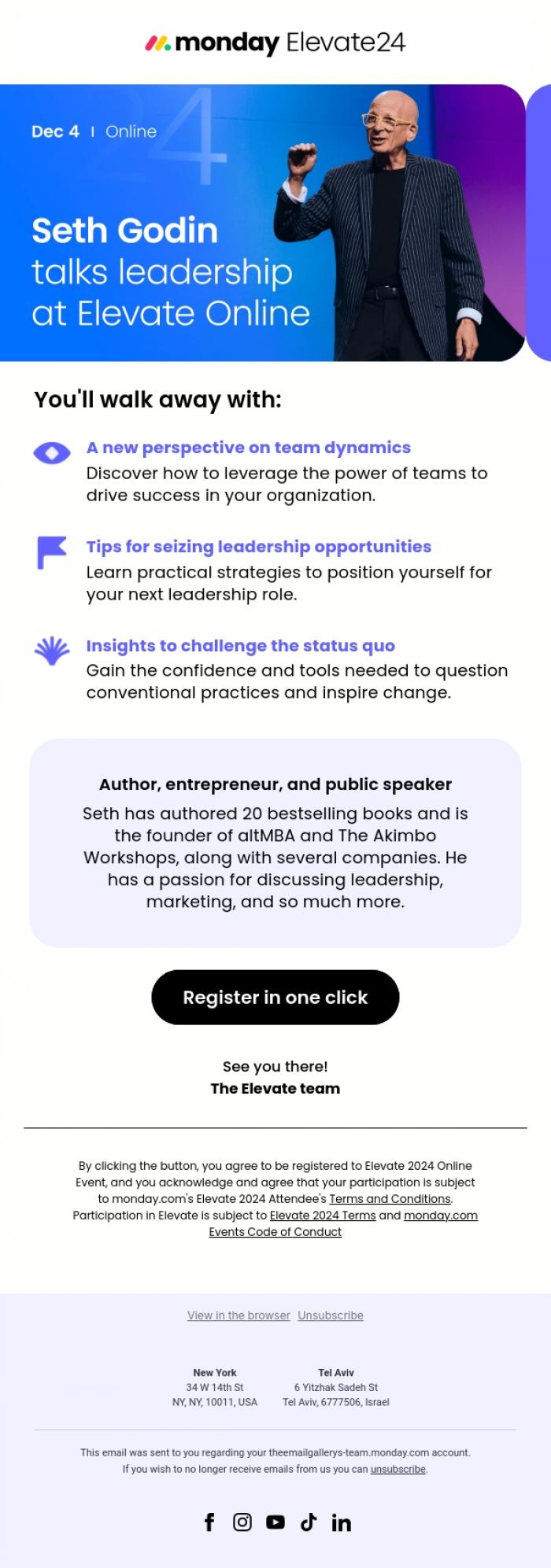 Email Design Inspiration from Elevate by monday.com, Elevate Online presents: leadership with Seth Godin
