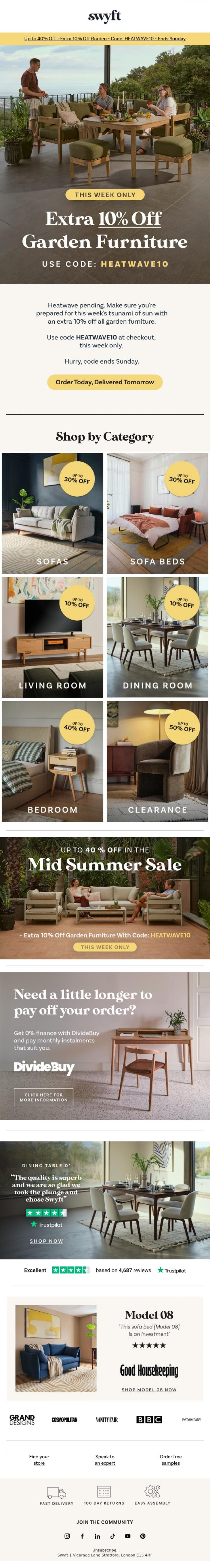 Email Design Inspiration from Emily at Swyft, Sun's Out. Extra 10% Off Garden Furniture This Week.