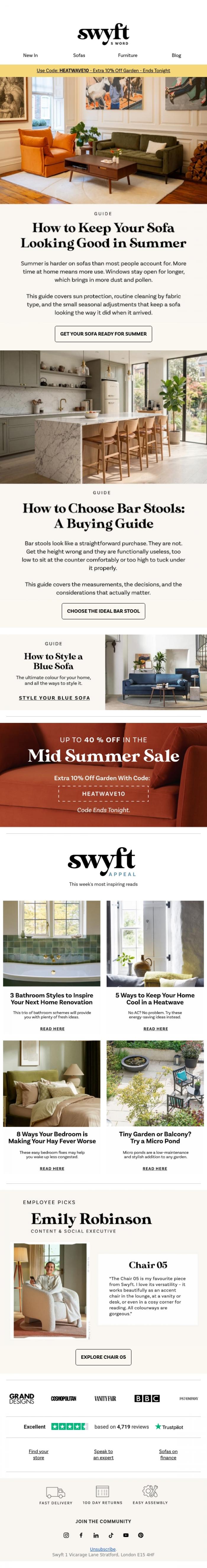 Email Design Inspiration from Emily at Swyft, 6 Ways to Keep Your Sofa Looking Good in Summer
