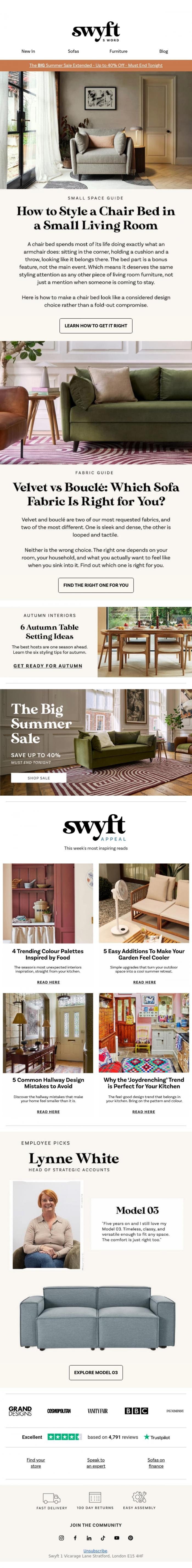 Email Design Inspiration from Emily at Swyft, How to Style a Chair Bed in a Small Living Room