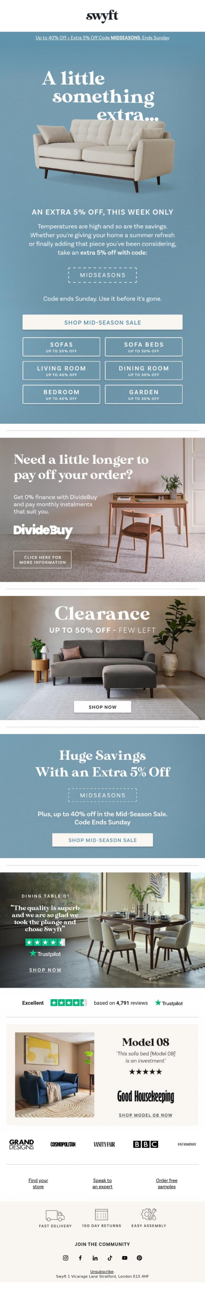 Email Design Inspiration from Emily at Swyft, Extra 5% Off Code. This Week Only.