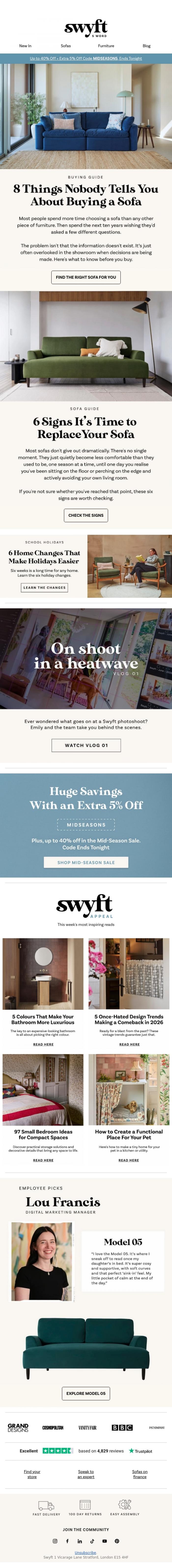 Email Design Inspiration from Emily at Swyft, 8 Things Nobody Tells You About Buying a Sofa