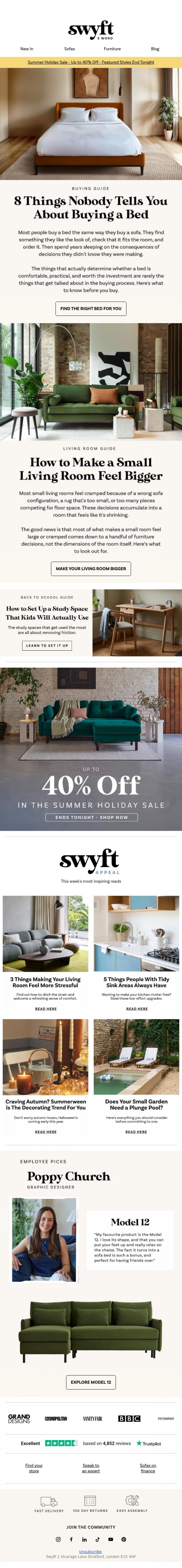 Email Design Inspiration from Emily at Swyft, 8 Things Nobody Tells You About Buying a Bed