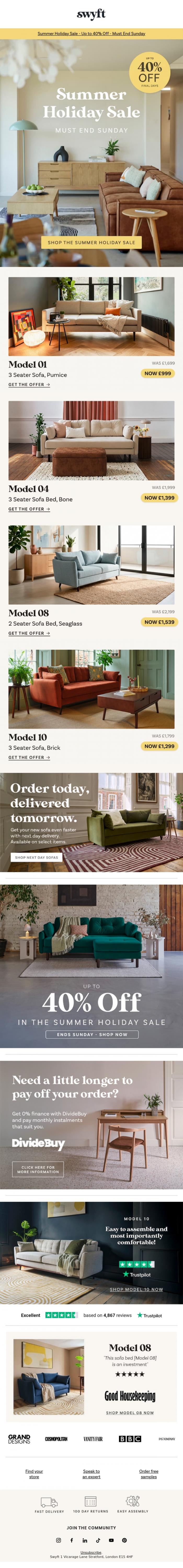 Email Design Inspiration from Emily at Swyft, Last Chance: Enjoy Up to 40% Off in the Summer Holiday Sale
