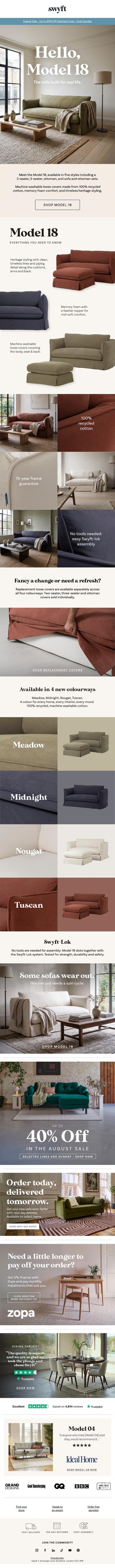 Email Design Inspiration from Emily at Swyft, Hello, Model 18. A Sofa You Can Actually Wash.