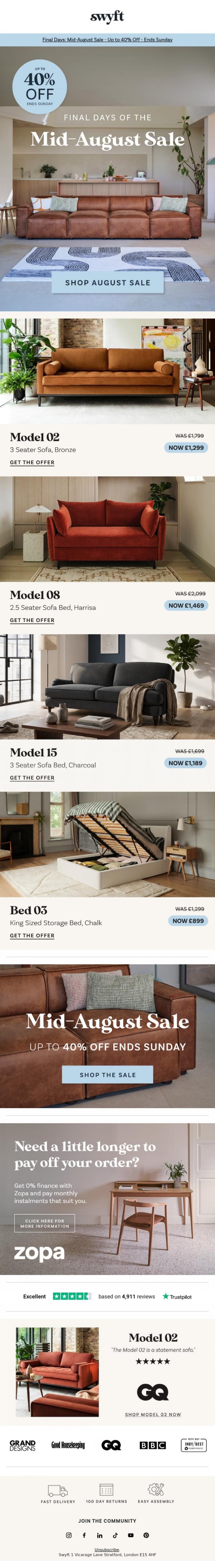 Email Design Inspiration from Emily at Swyft, Final Days: Up to 40% Off in the Mid-August Sale