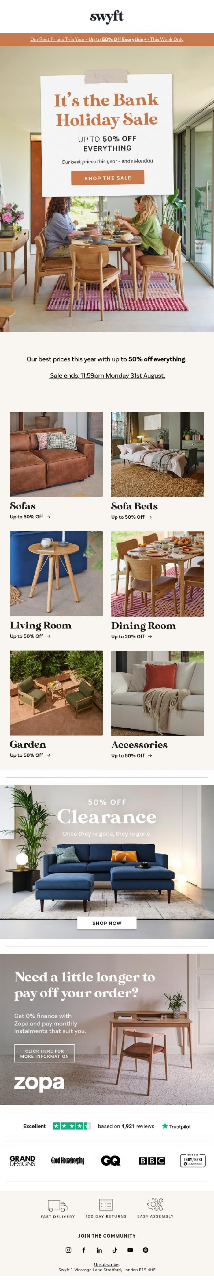 Email Design Inspiration from Emily at Swyft, Bank Holiday Sale: Up to 50% Off Everything