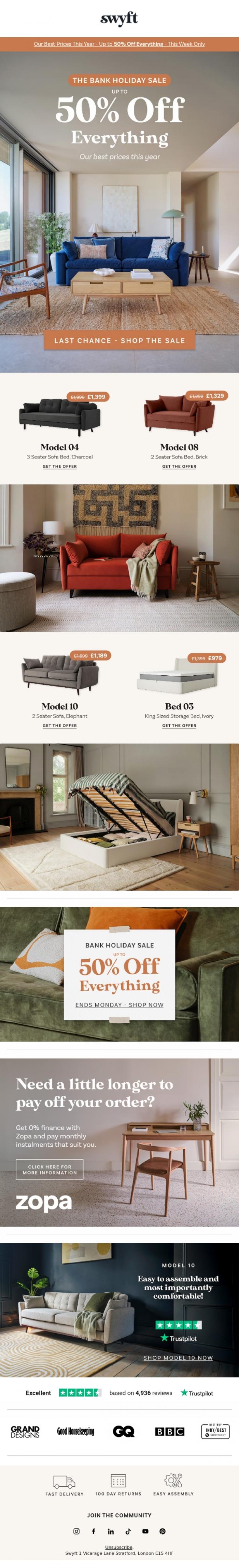 Email Design Inspiration from Emily at Swyft, Last Chance: Up to 50% Off Everything Ends Monday