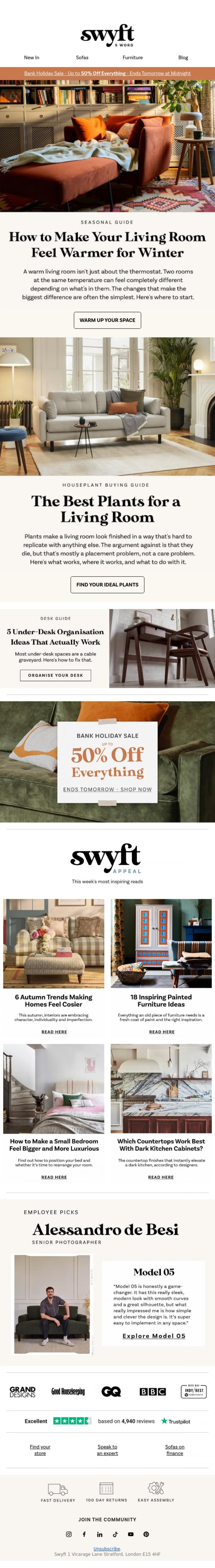 Email Design Inspiration from Emily at Swyft, How to Make Your Living Room Feel Warmer for Winter