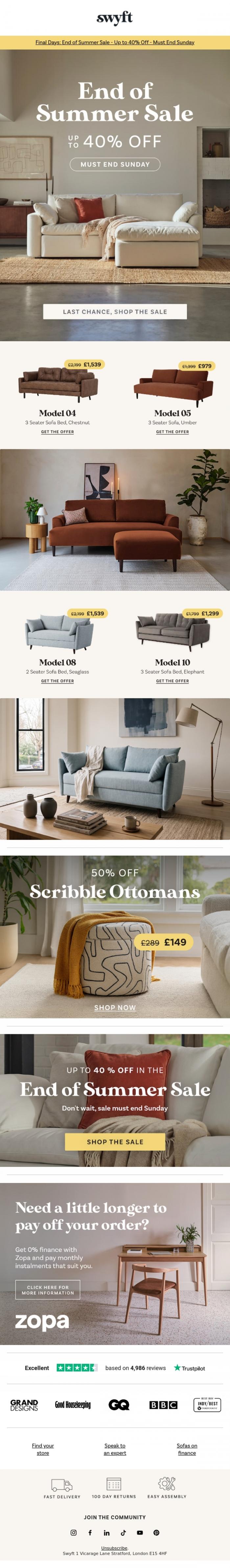 Email Design Inspiration from Emily at Swyft, Final Days: Up to 40% Off in the End of Summer Sale