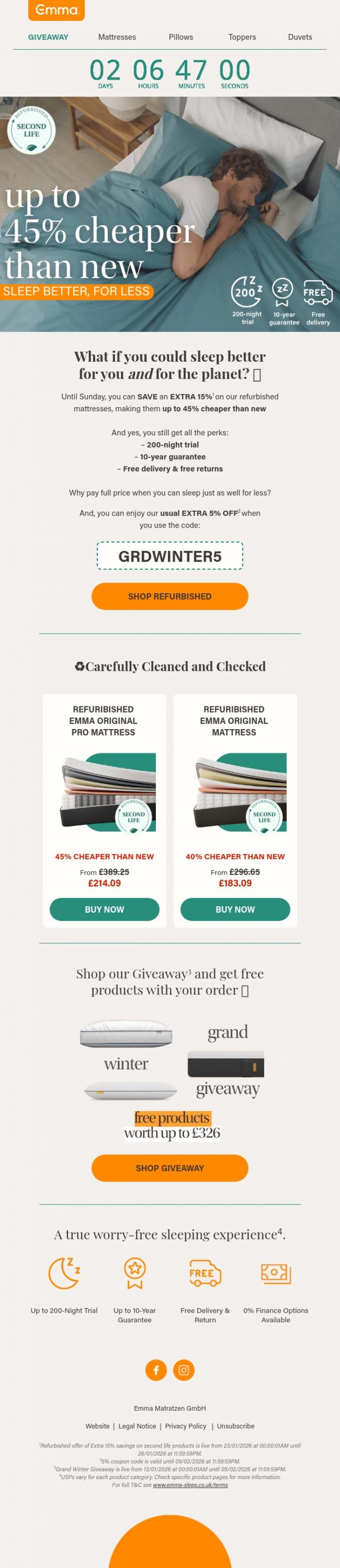 Email Design Inspiration from Emma Sleep, 🌱 EXTRA SAVINGS on refurbished mattresses