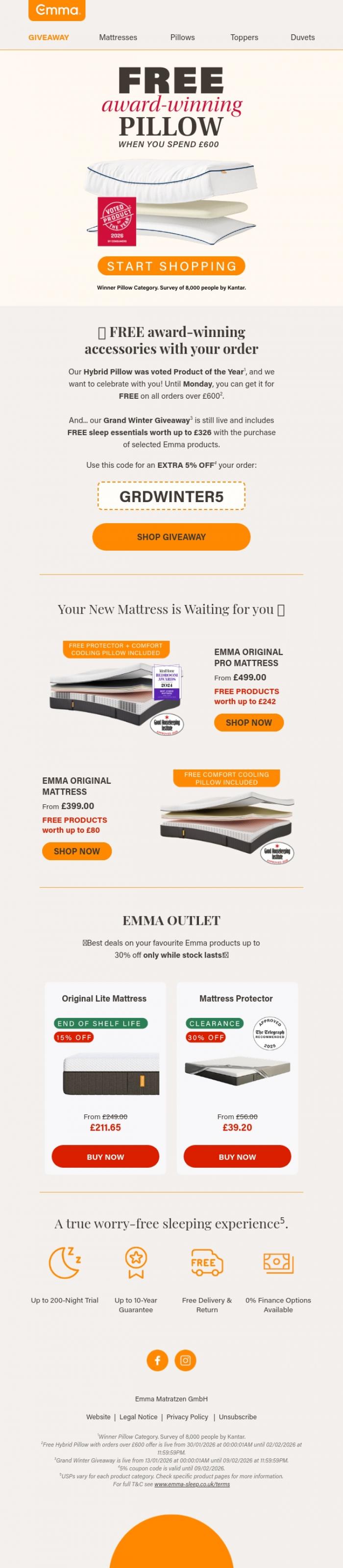 Email Design Inspiration from Emma Sleep, 😌 Get Award Winning Sleep. For FREE.