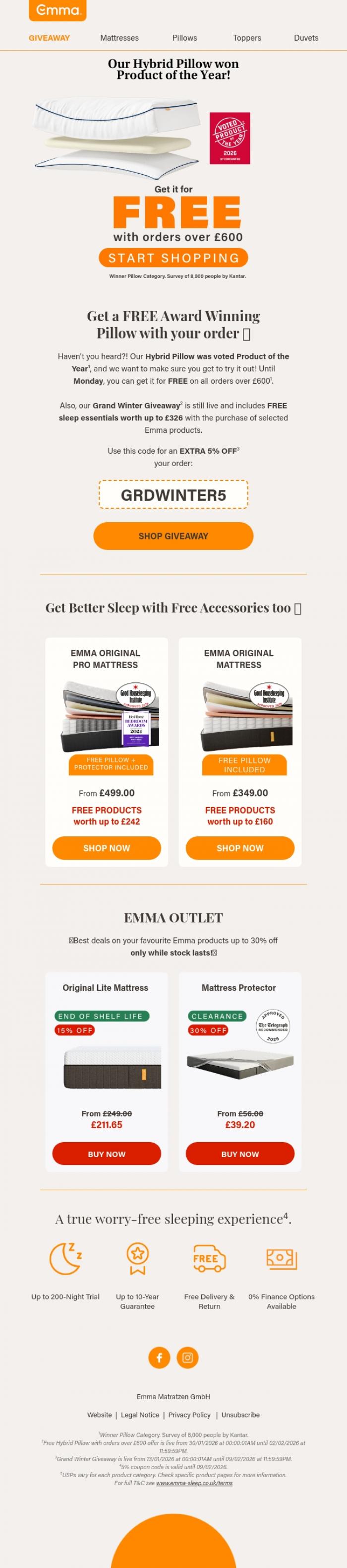 Email Design Inspiration from Emma Sleep, ⏰ FREE Award Winning Pillow Until Tomorrow