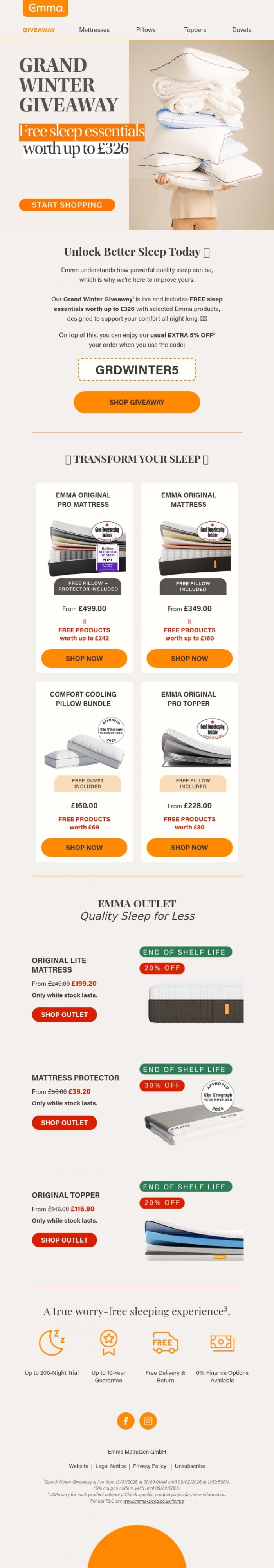 Email Design Inspiration from Emma Sleep, Treat yourself to restful nights 🧡