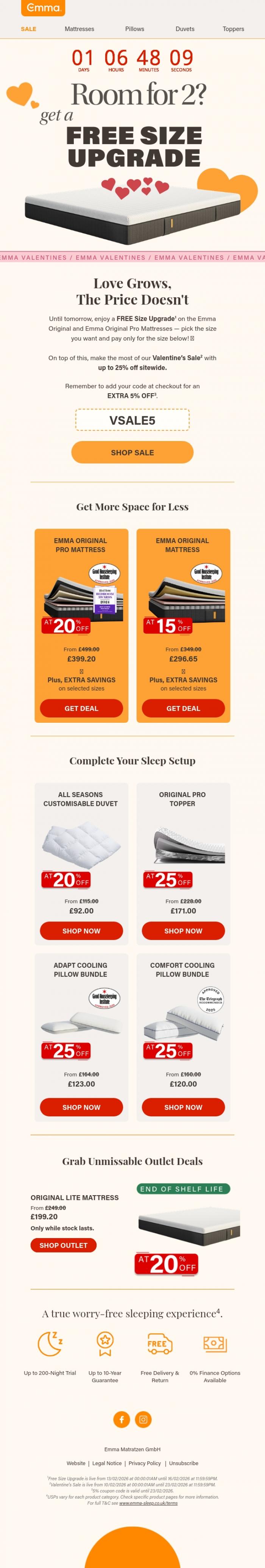 Email Design Inspiration from Emma Sleep, Don't Break Our Heart, Upgrade Today ⏳