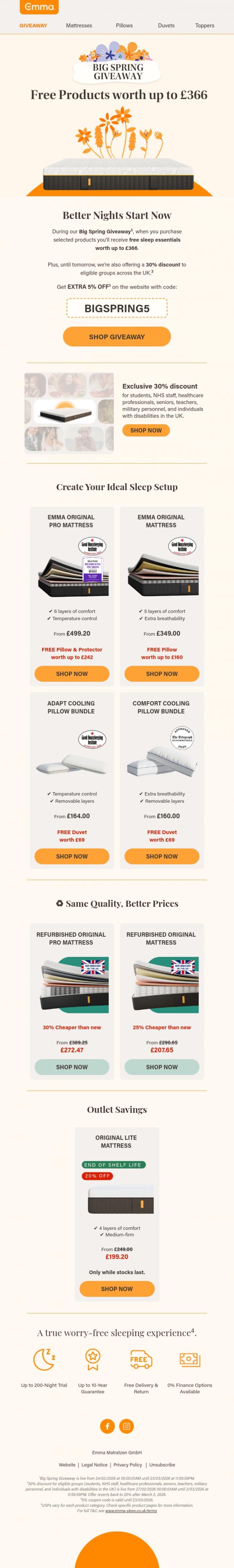 Email Design Inspiration from Emma Sleep, FREE products worth up to &pound;366