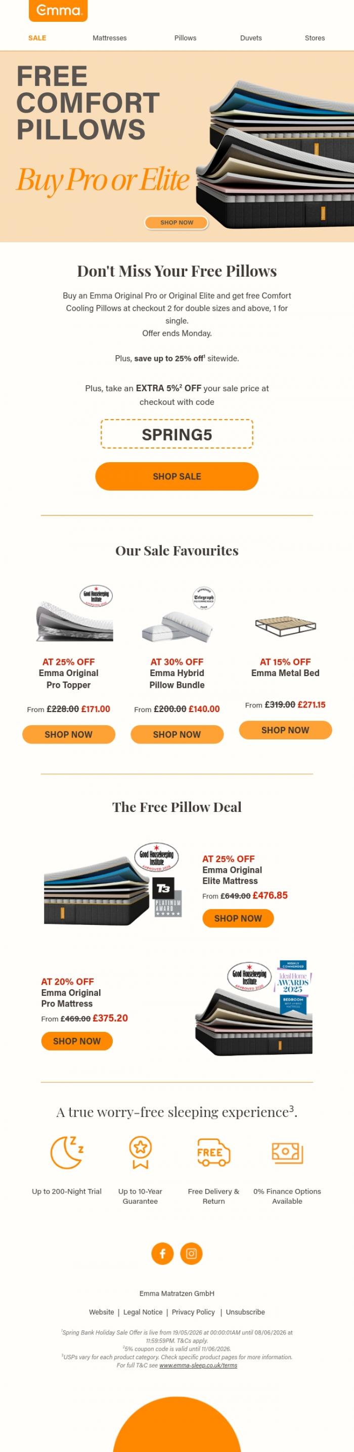 Email Design Inspiration from Emma Sleep, Your Emma Comes With Free Comfort Cooling Pillows 🛏️