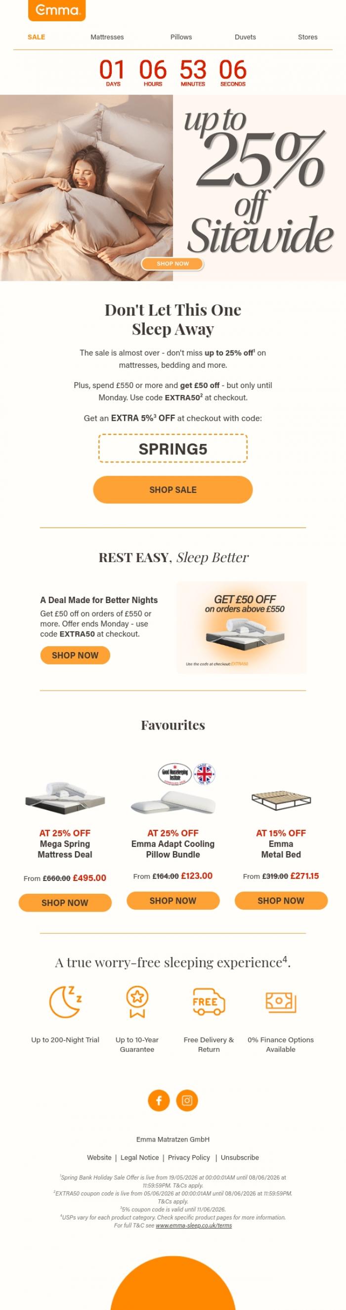 Email Design Inspiration from Emma Sleep, Up to 25% off sitewide - ends Monday