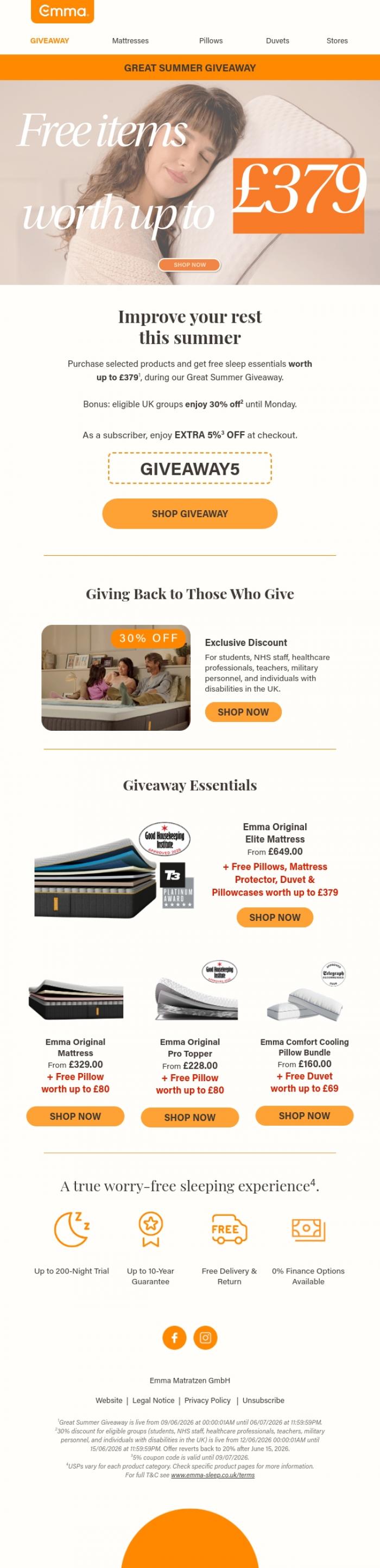 Email Design Inspiration from Emma Sleep, Free sleep essentials worth &pound;379 inside