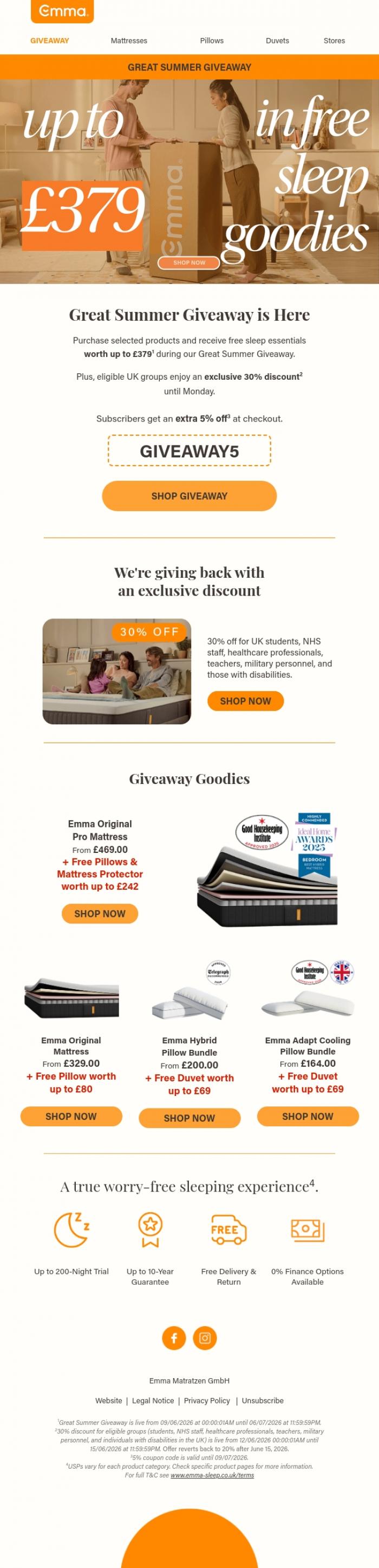 Email Design Inspiration from Emma Sleep, Great Summer Giveaway: free essentials worth &pound;379