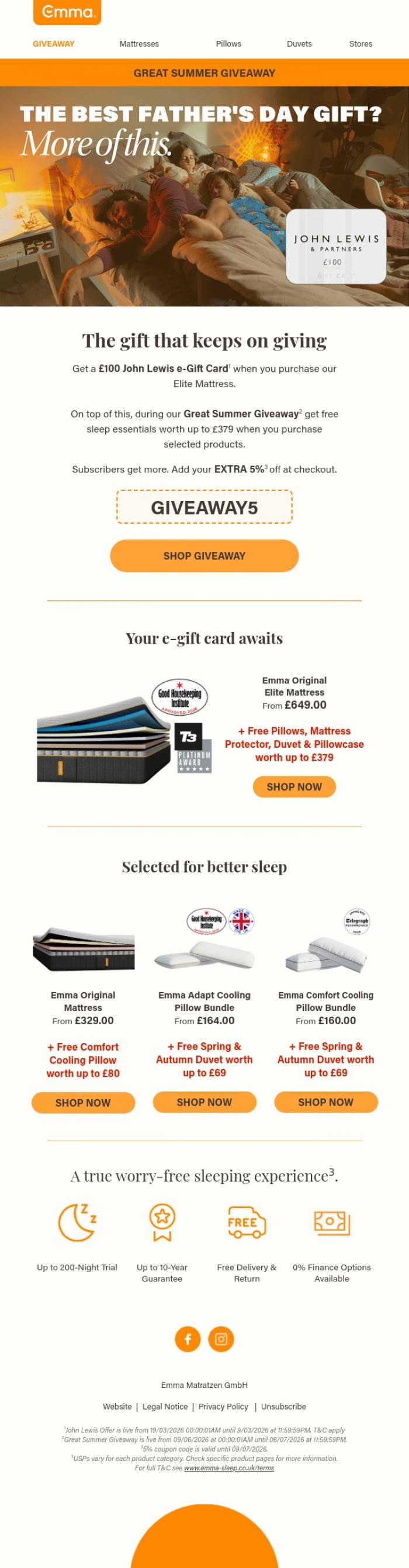 Email Design Inspiration from Emma Sleep, Exclusive: &pound;100 John Lewis Gift Card + &pound;379 Free Essentials