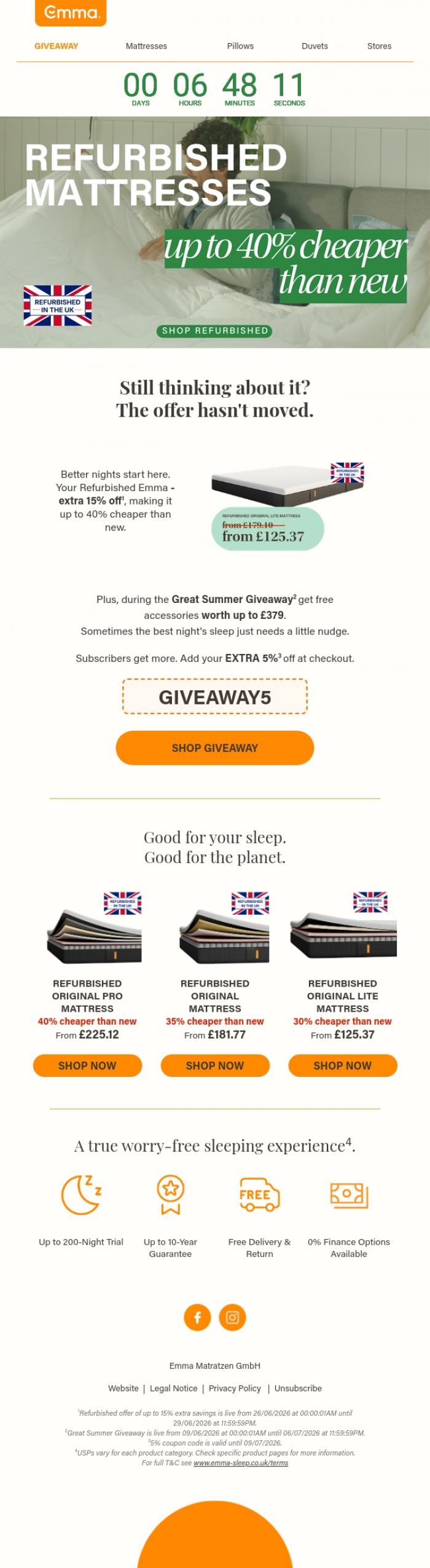 Email Design Inspiration from Emma Sleep, Still on. Extra 15% off refurbished.