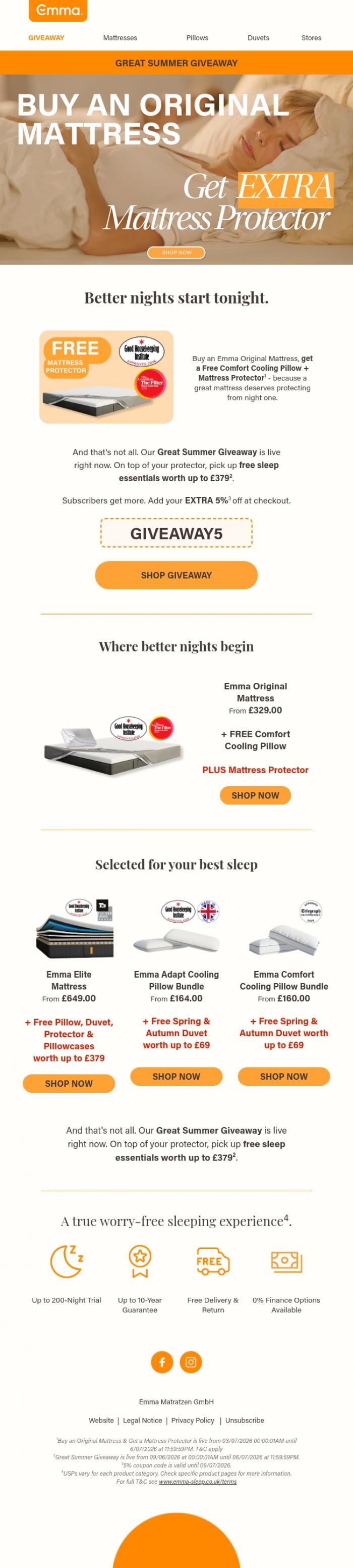 Email Design Inspiration from Emma Sleep, Buy your Emma Original. Get a Protector worth up to &pound;90.