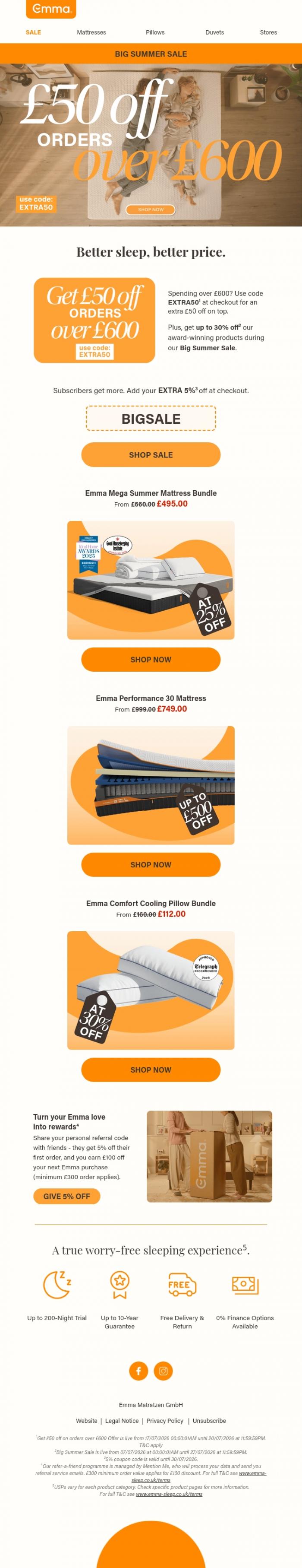 Email Design Inspiration from Emma Sleep, &pound;50 extra when you spend &pound;600 + 30% off