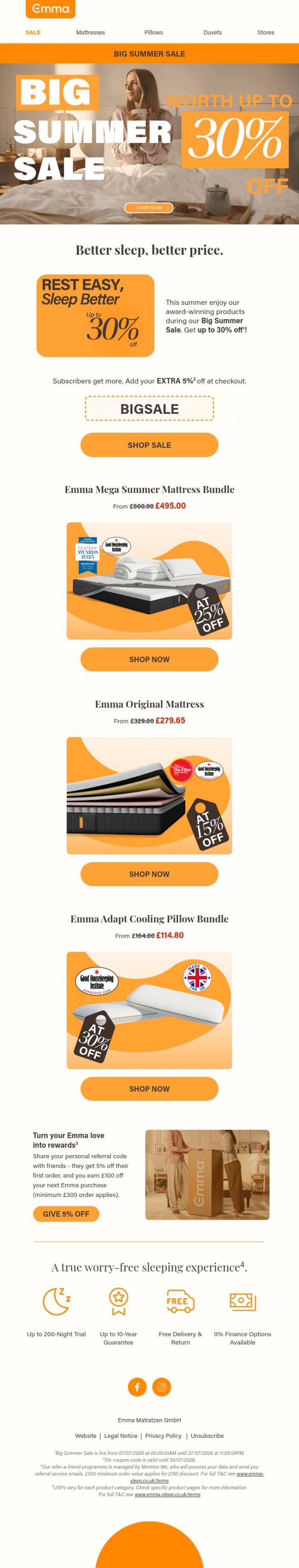 Email Design Inspiration from Emma Sleep, BIG SUMMER SALE!! Get up to 30% off