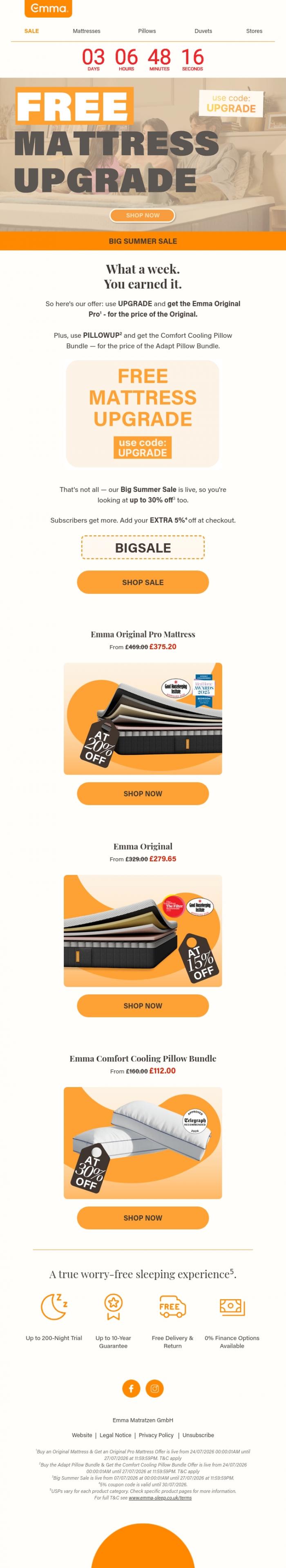 Email Design Inspiration from Emma Sleep, FREE Mattress Upgrade + up to 30% Off