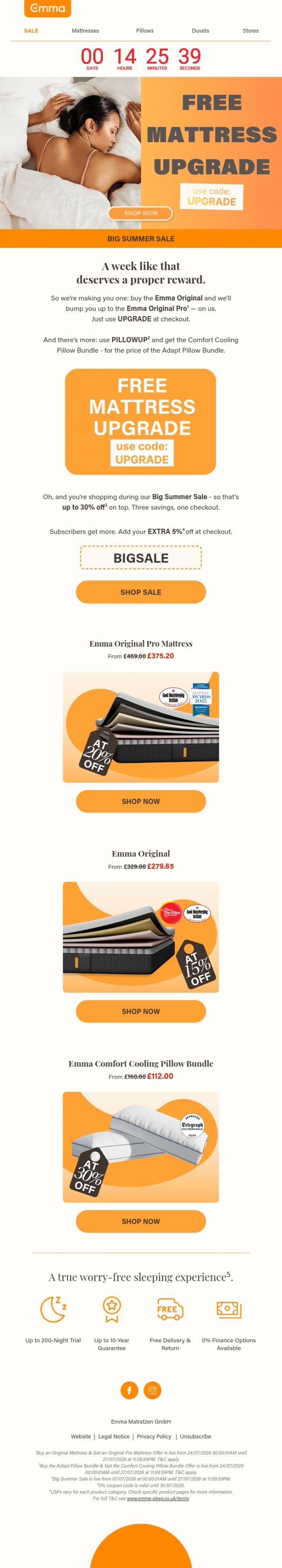 Email Design Inspiration from Emma Sleep, Ends Monday: FREE Mattress Upgrade