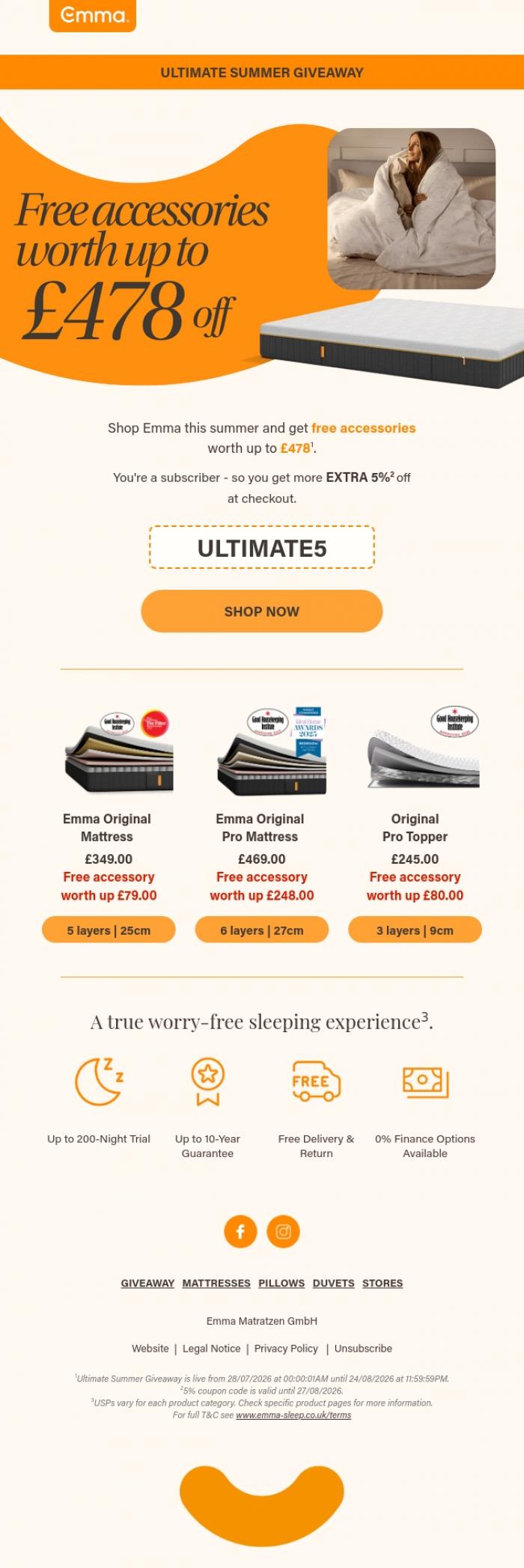 Email Design Inspiration from Emma Sleep, 🎁 &pound;478 in free accessories - yours this Ultimate Summer Giveaway