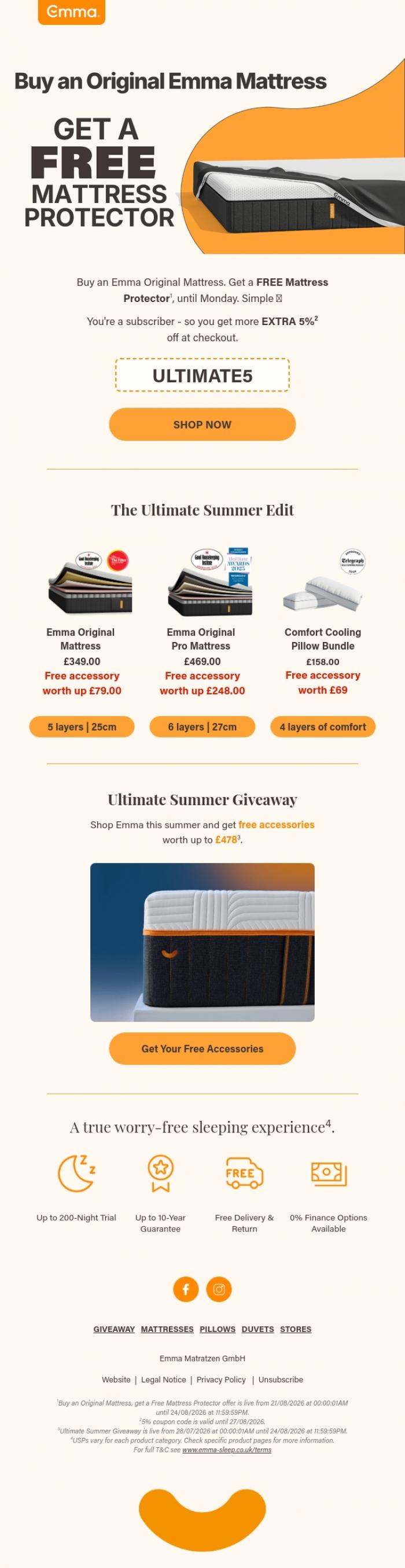 Email Design Inspiration from Emma Sleep, FREE Mattress Protector with your Emma Original Mattress 🧡