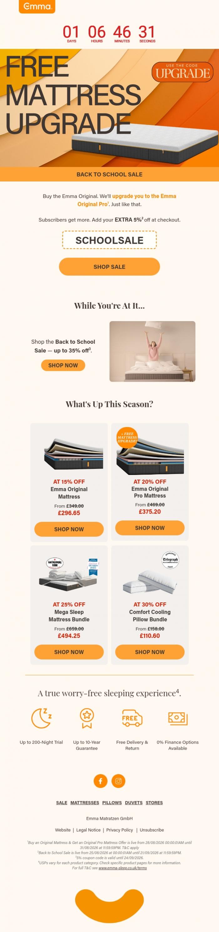 Email Design Inspiration from Emma Sleep, 🛏️ Free Mattress Upgrade - Ends Monday!