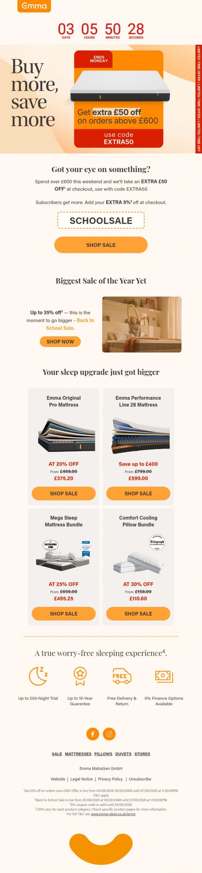 Email Design Inspiration from Emma Sleep, Your extra &pound;50 is waiting