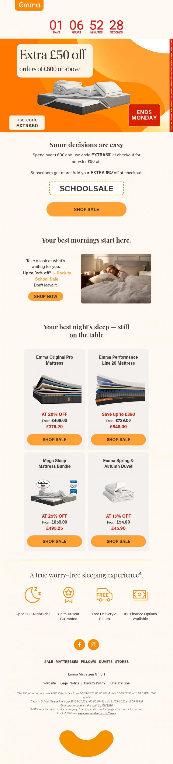 Email Design Inspiration from Emma Sleep, Ends Monday - &pound;50 off when you spend &pound;600+