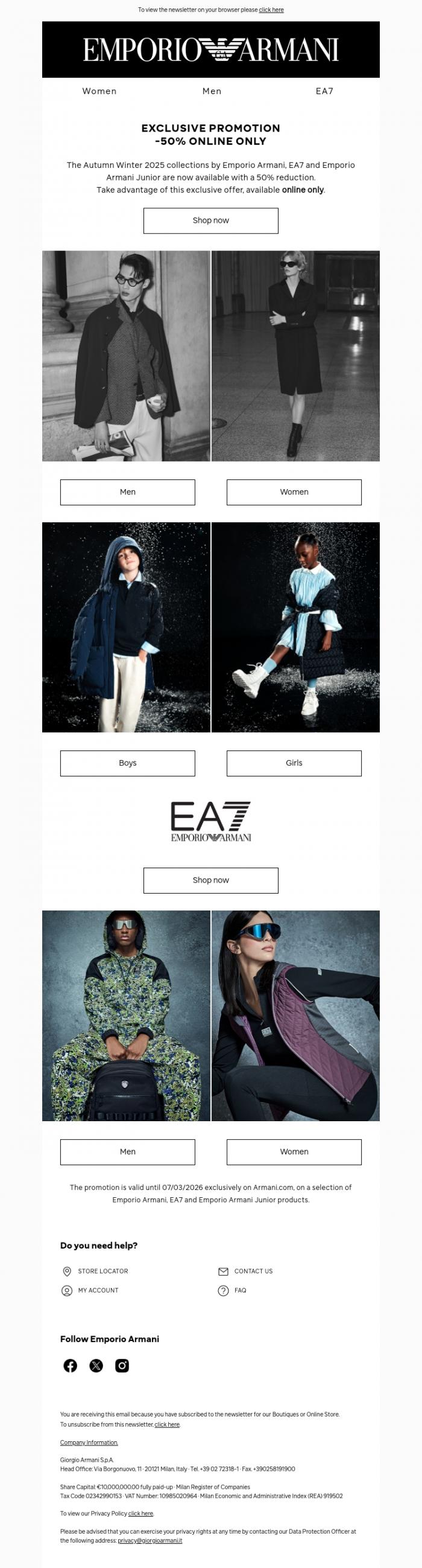 Email Design Inspiration from Emporio Armani, Exclusive online promotion: -50%