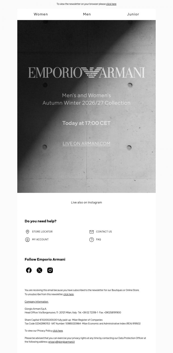 Email Design Inspiration from Emporio Armani, Watch the Men's and Women's Autumn Winter 2026/27 Collection