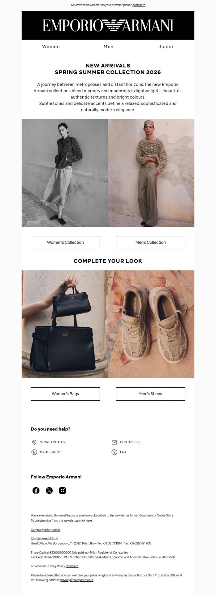 Email Design Inspiration from Emporio Armani, New Arrivals for Spring/Summer 2026