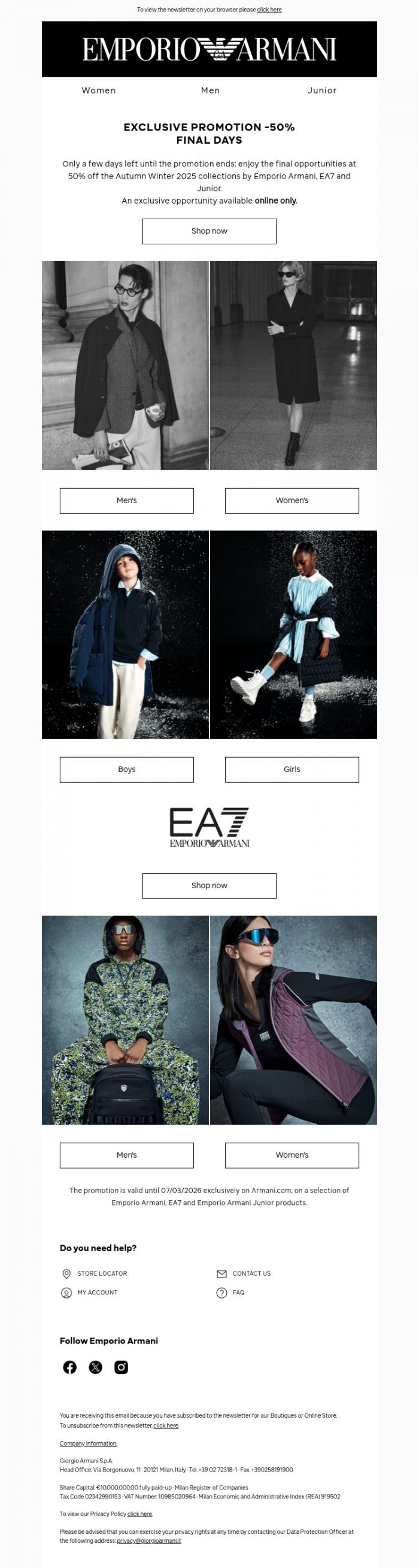 Email Design Inspiration from Emporio Armani, Final days: exclusive 50% off online