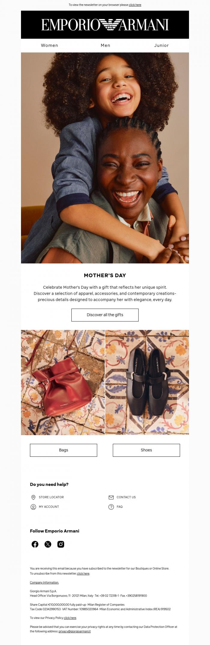 Email Design Inspiration from Emporio Armani, For Mother's Day, an elegance to celebrate.