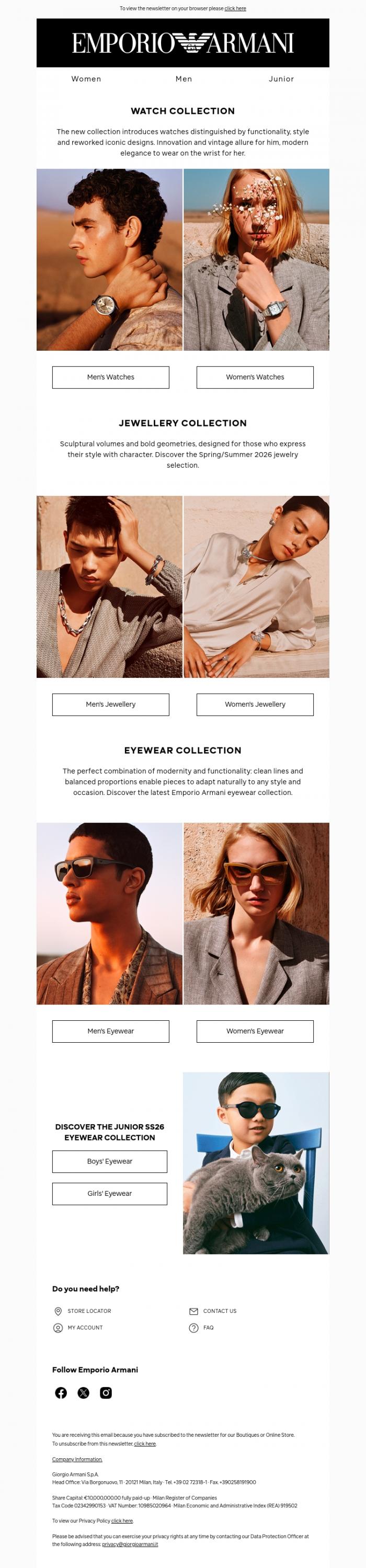Email Design Inspiration from Emporio Armani, Complete your looks with the new watches, jewellery and eyewear