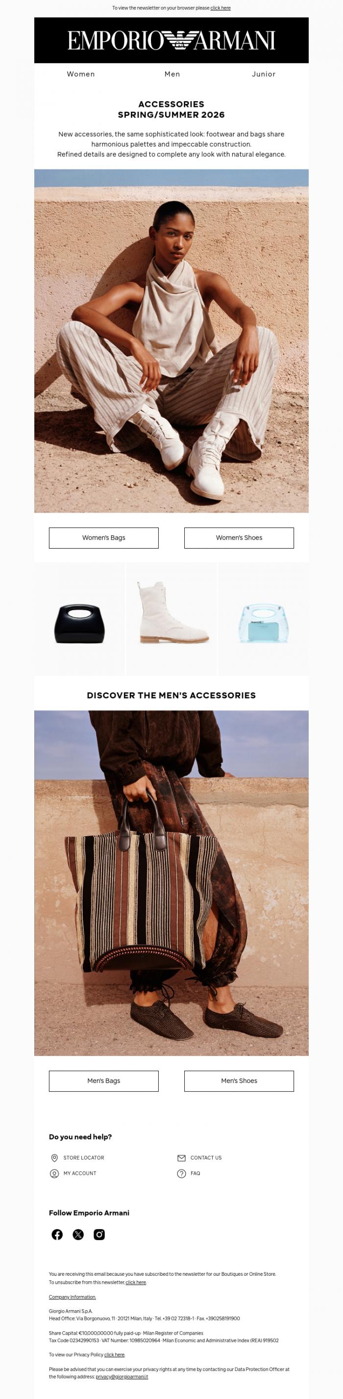 Email Design Inspiration from Emporio Armani, Bags and footwear to complete your looks