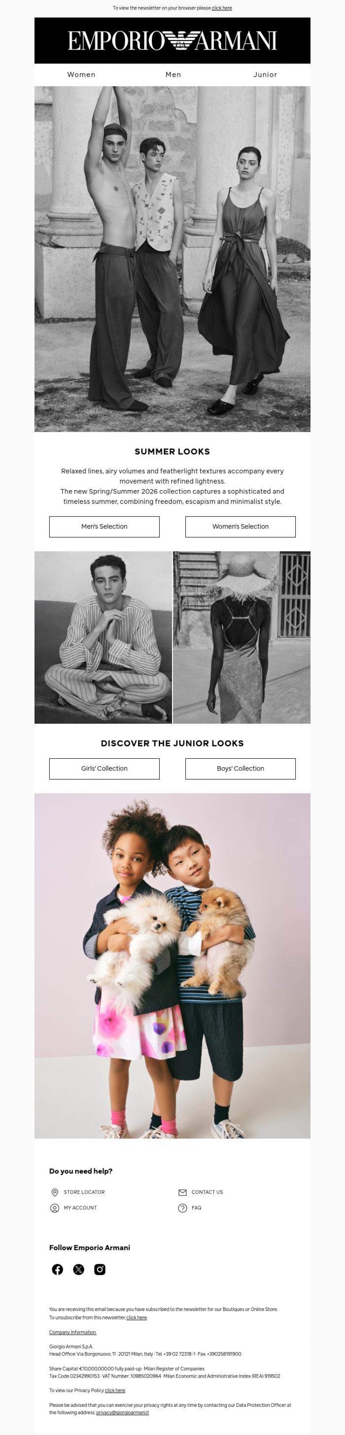 Email Design Inspiration from Emporio Armani, Summer looks: flowing silhouettes and lightweight fabrics for an essential aesthetic